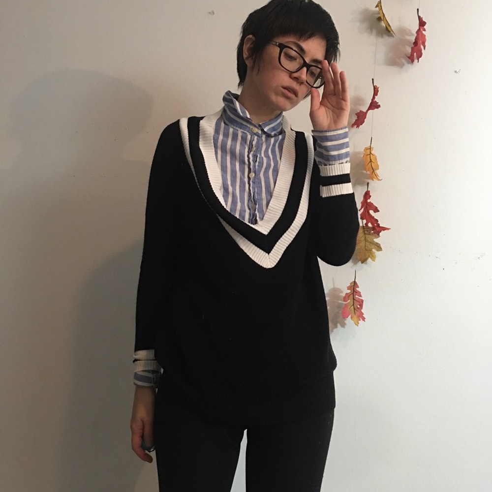 Black striped deep vneck sweater